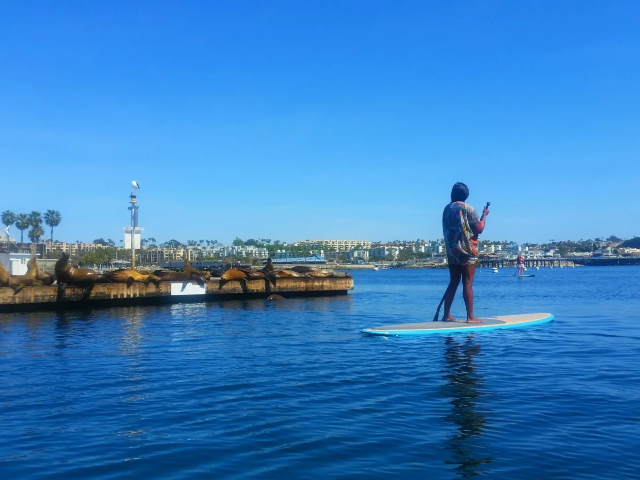 A guest rides a paddleboard on the ocean