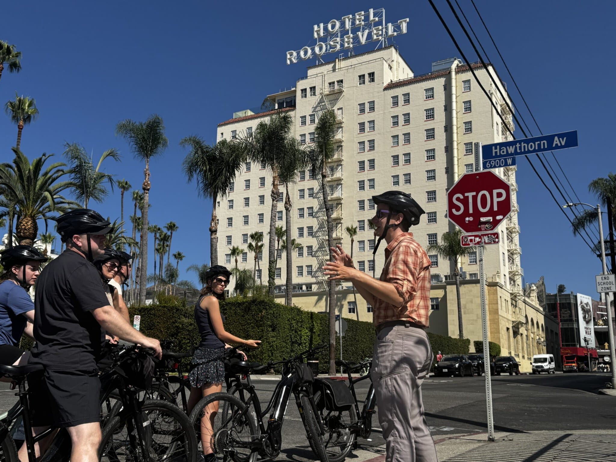 Guide discusses the Roosevelt Hotel on the Hollywood Sign E Bike Tour