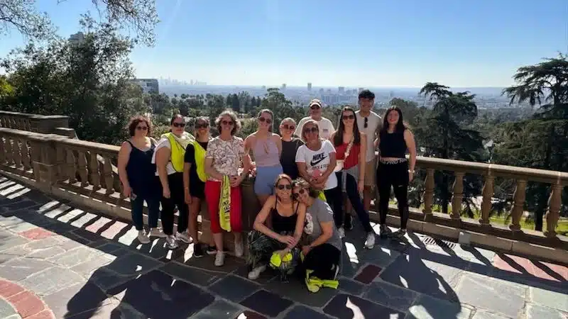 Views from Greystone Mansion as guests pose on the Beverly Hills Tour