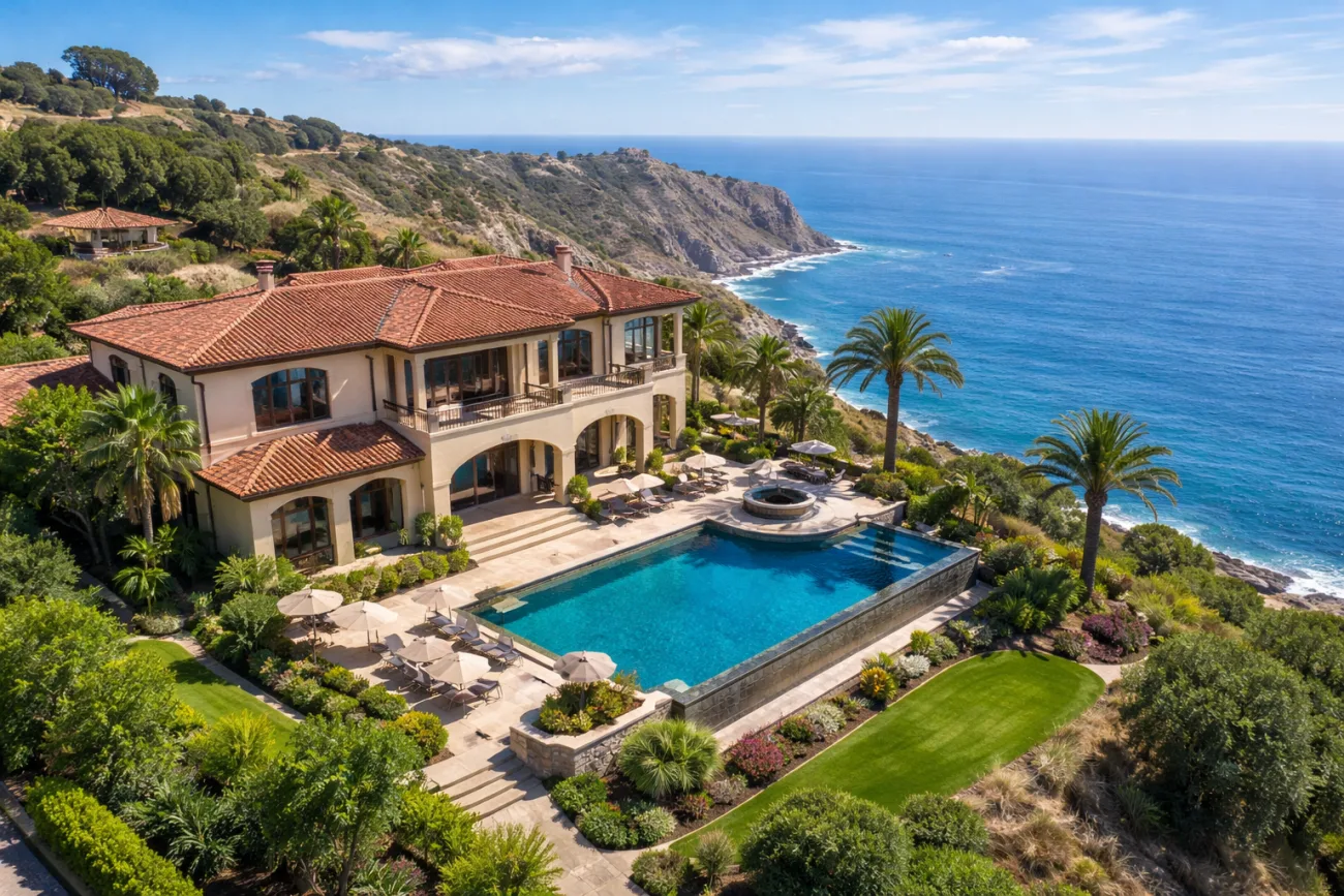 A multimillion dollar home sits on a cliff in Rancho Palos Verdes, CA overlooking the Pacific Ocean.