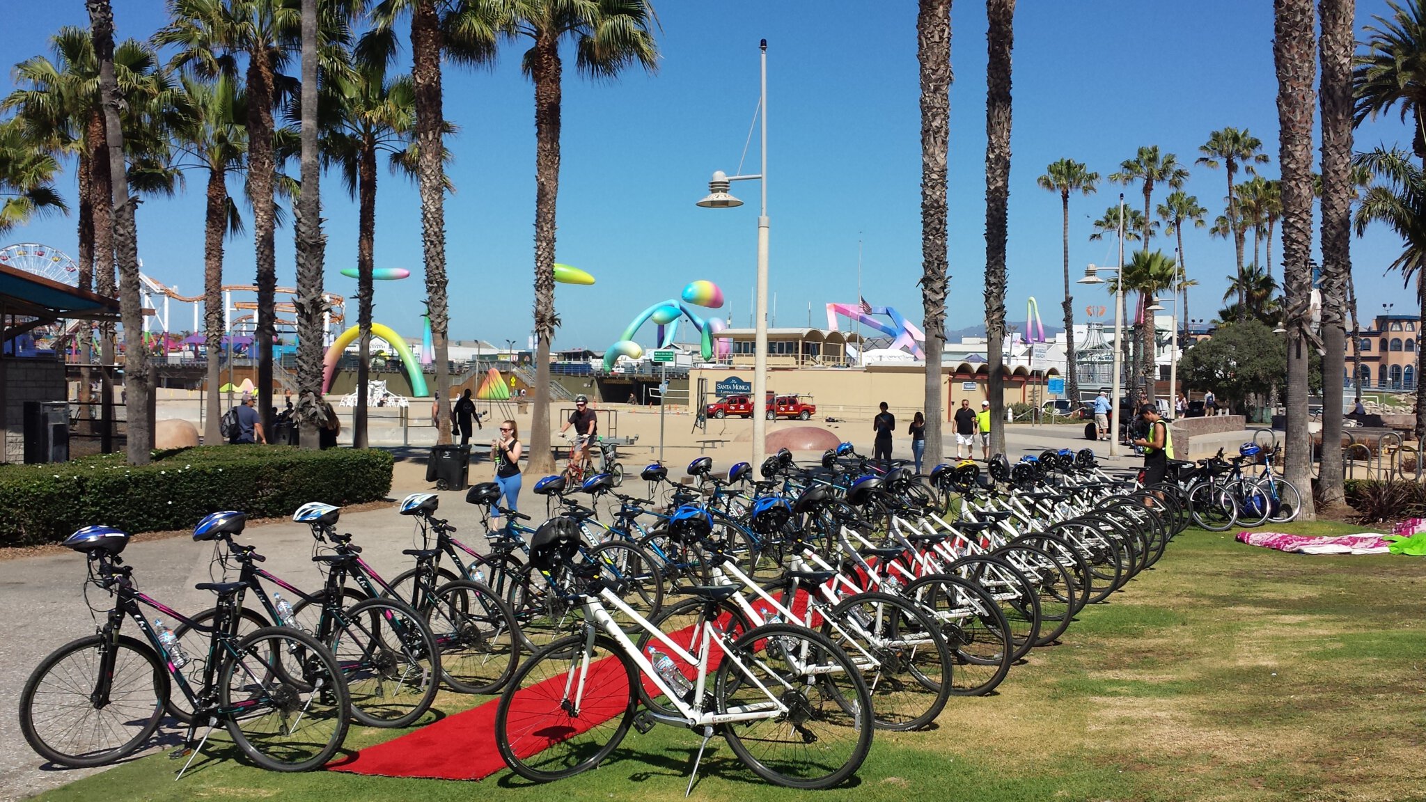 Staging of the bikes for a large group Santa monica & Venice beach bike tour