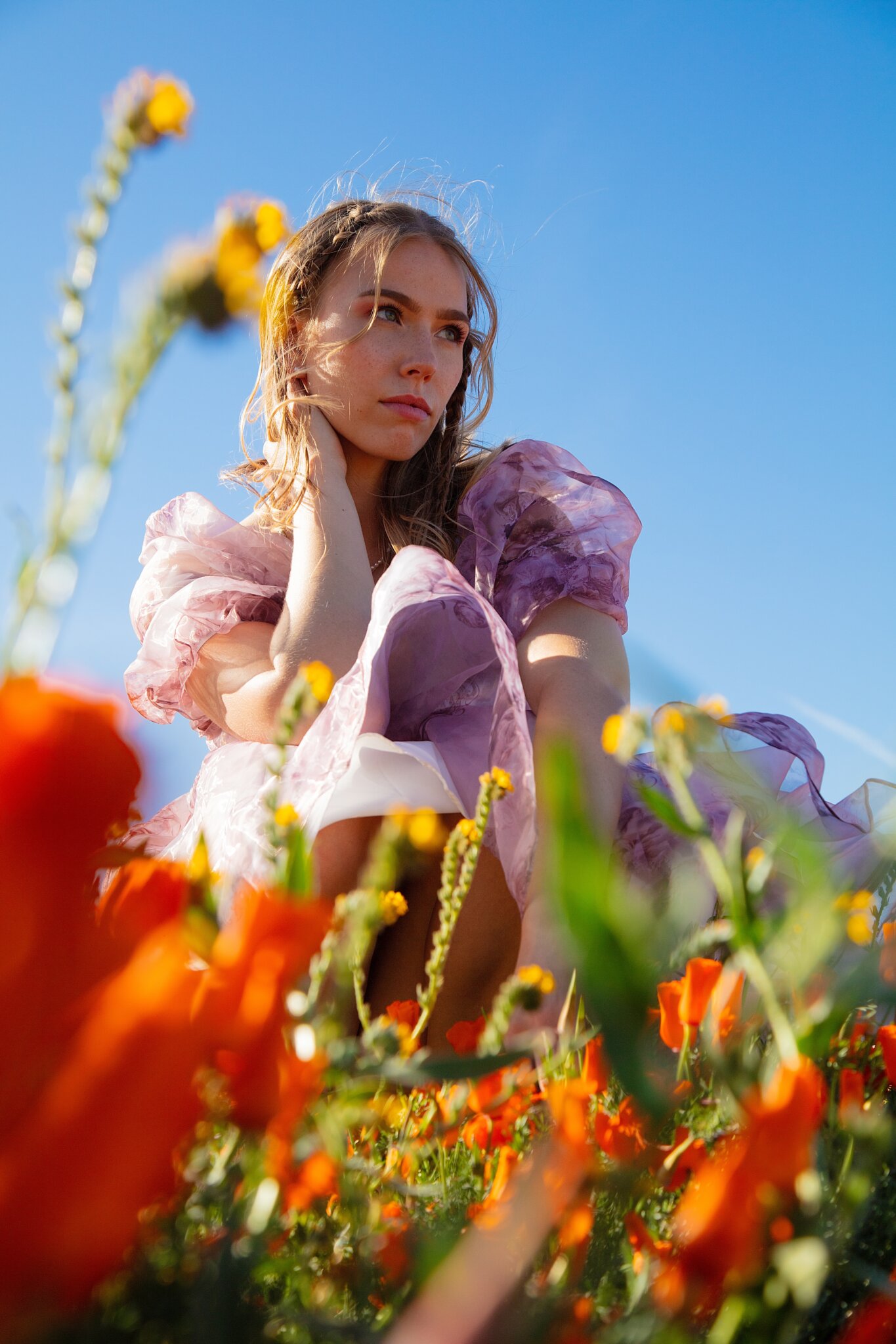 A girl sits amongst the superbloom flowers
