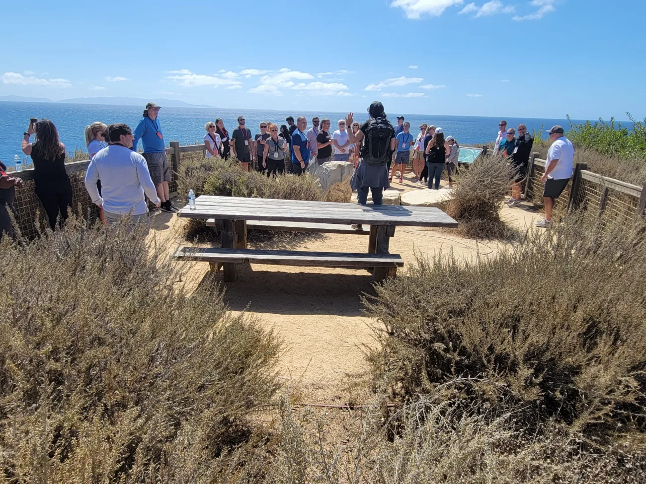 Guide leading a group discussion at a scenic viewpoint during a Palos Verdes nature walk near Terranea Resort
