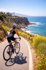 A cyclist enjoys the view of the Pacific Ocean on Bikes and Hikes LA Terranea fitness bike tour