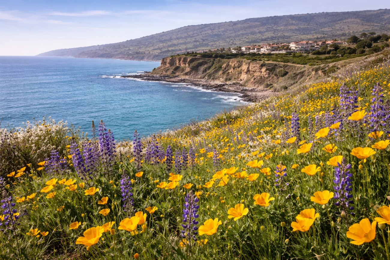 Wildflowers blooming along the coastal cliffs of Palos Verdes overlooking the Pacific Ocean near Terranea Resort