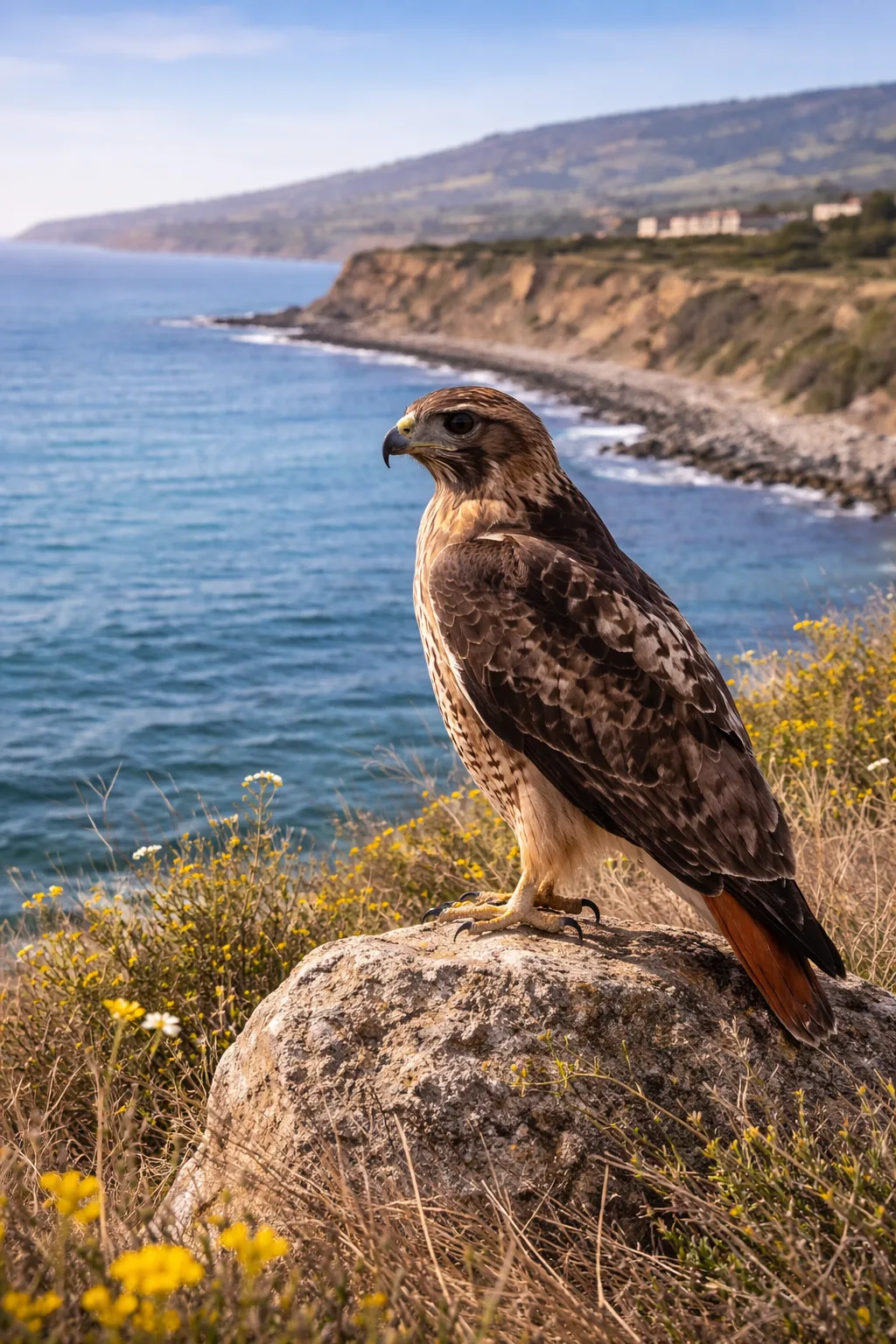 Red-tailed hawk perched on coastal cliffs overlooking the Pacific Ocean in Palos Verdes near Terranea Resort