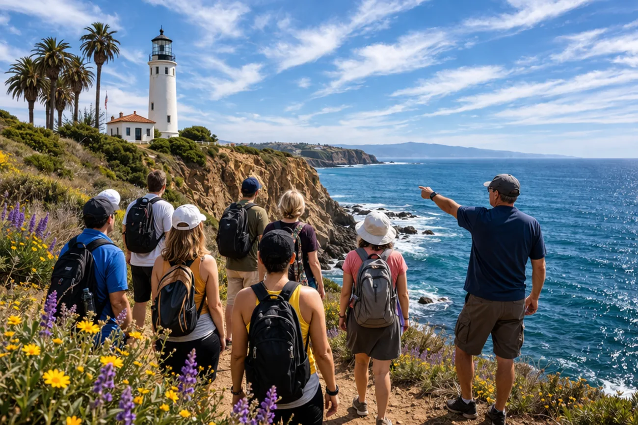 Guided Palos Verdes nature walk along coastal cliffs with ocean views and Point Vicente Lighthouse near Terranea Resort