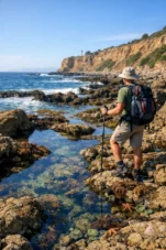 Hiker exploring rocky tide pools along the Rancho Palos Verdes coastline, standing near clear water pools filled with sea life, with ocean waves and coastal cliffs in the background under a sunny sky.