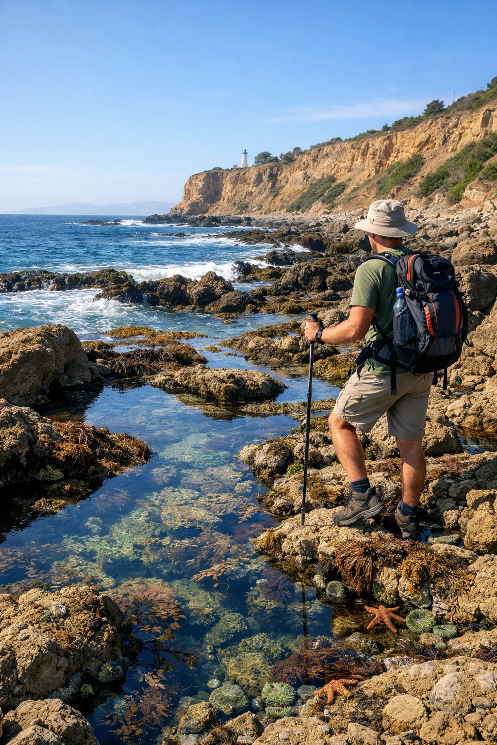 Hiker exploring rocky tide pools along the Rancho Palos Verdes coastline, standing near clear water pools filled with sea life, with ocean waves and coastal cliffs in the background under a sunny sky.