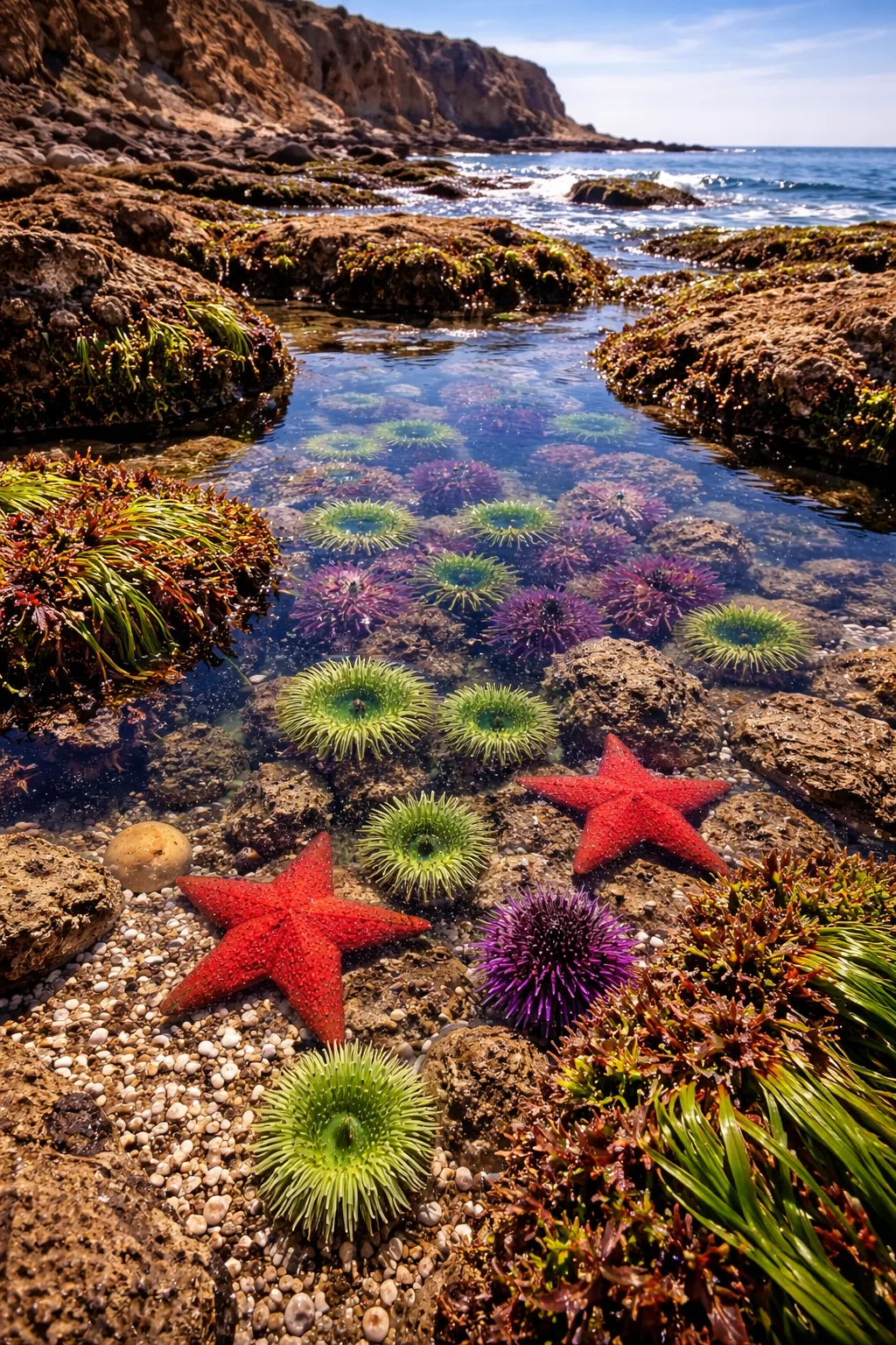 Close-up of Palos Verdes tide pools featuring sea stars, sea anemones, and marine life along the California coast near Terranea Resort