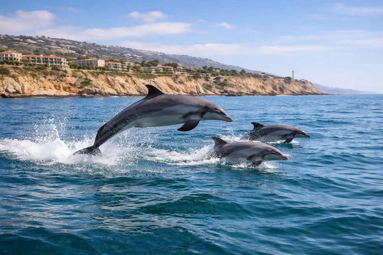 Dolphins swimming and leaping in the Pacific Ocean off Rancho Palos Verdes coastline with cliffs and ocean views in Southern California