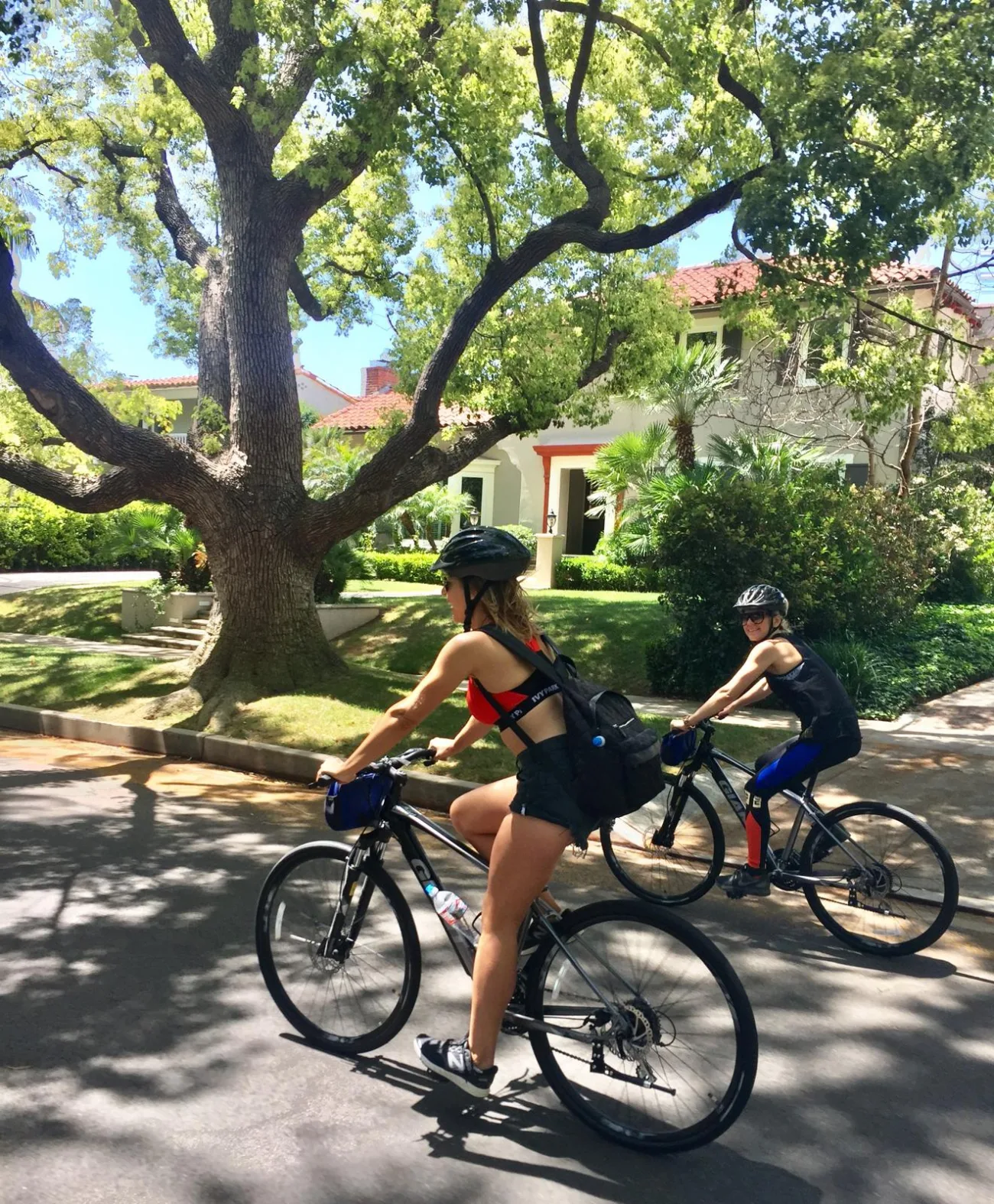 Guests on their bikes riding down tree lined streets