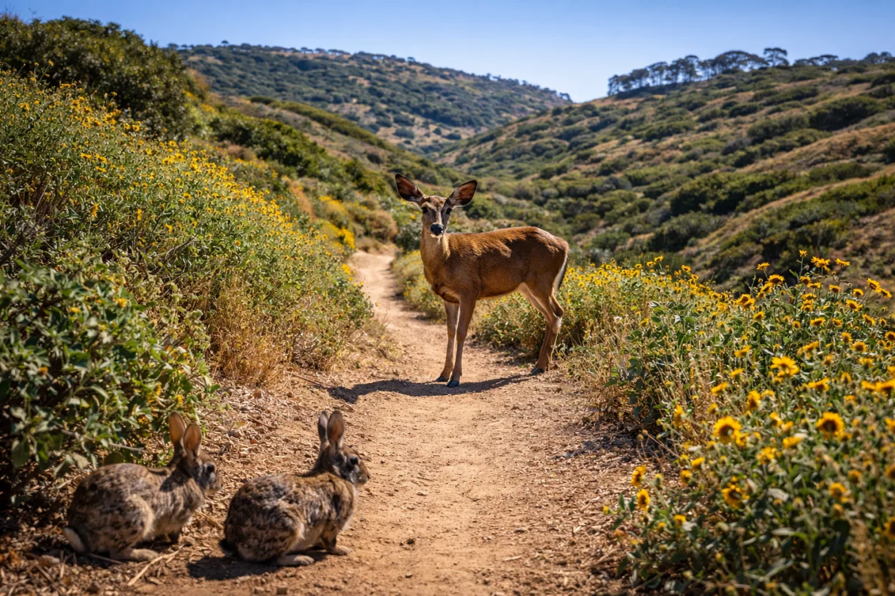 A deer and rabbits stand on a trail with wildflowers in the grass on either side of them.