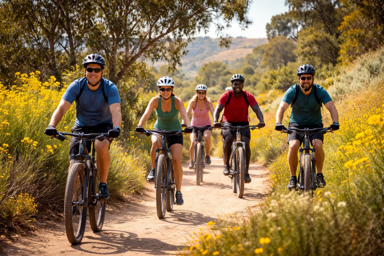 A group of people on mountain bikes on a Rancho Palos Verdes bike trail with lush greenery and wildflowers