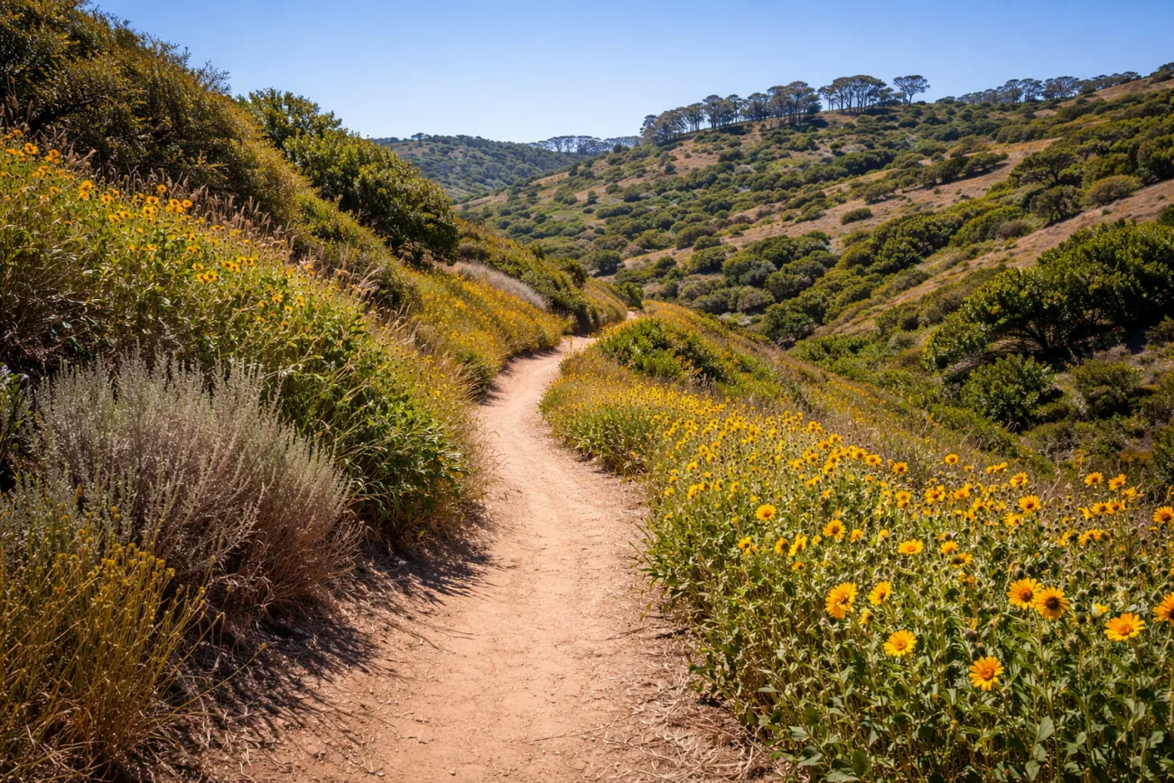 Rolling Hills on a Palos Verdes mountain biking tour with yellow wildflowers along the trail