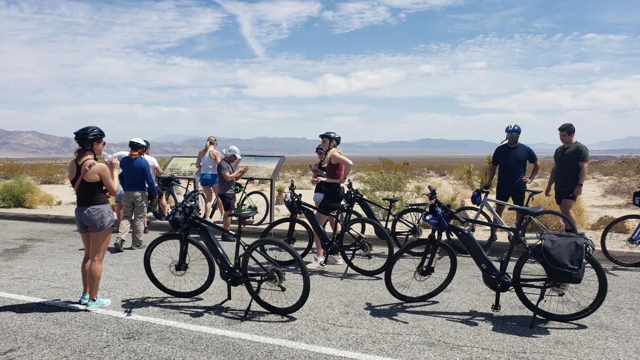 Guests on Bikes on a desert road in Joshua Tree National Park