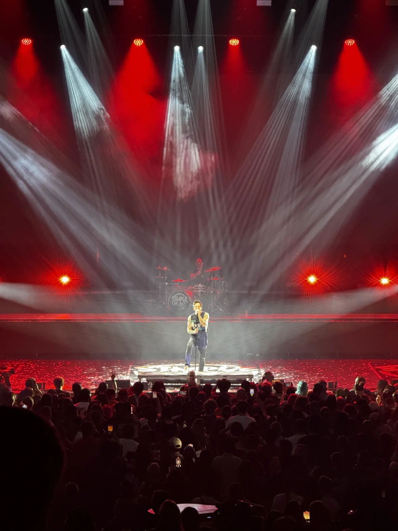 A musician on stage holding a microphone with red and white lighting surrounding them.