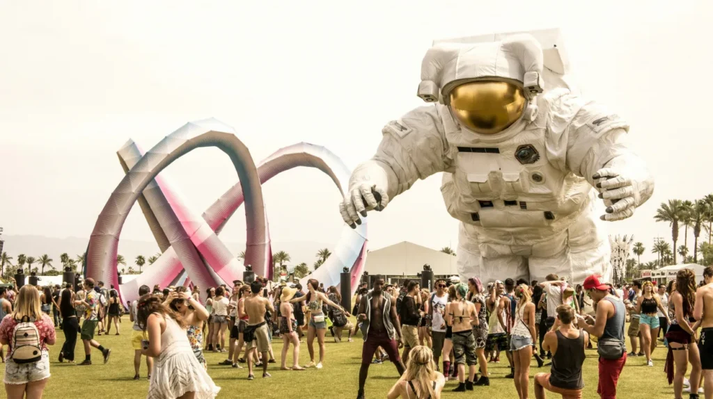 Coachella Music Festival grounds with large scale artwork and people walking around