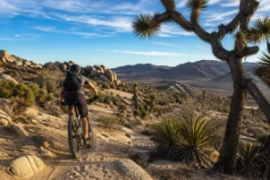 A guest rides through rock formations in Joshua Tree