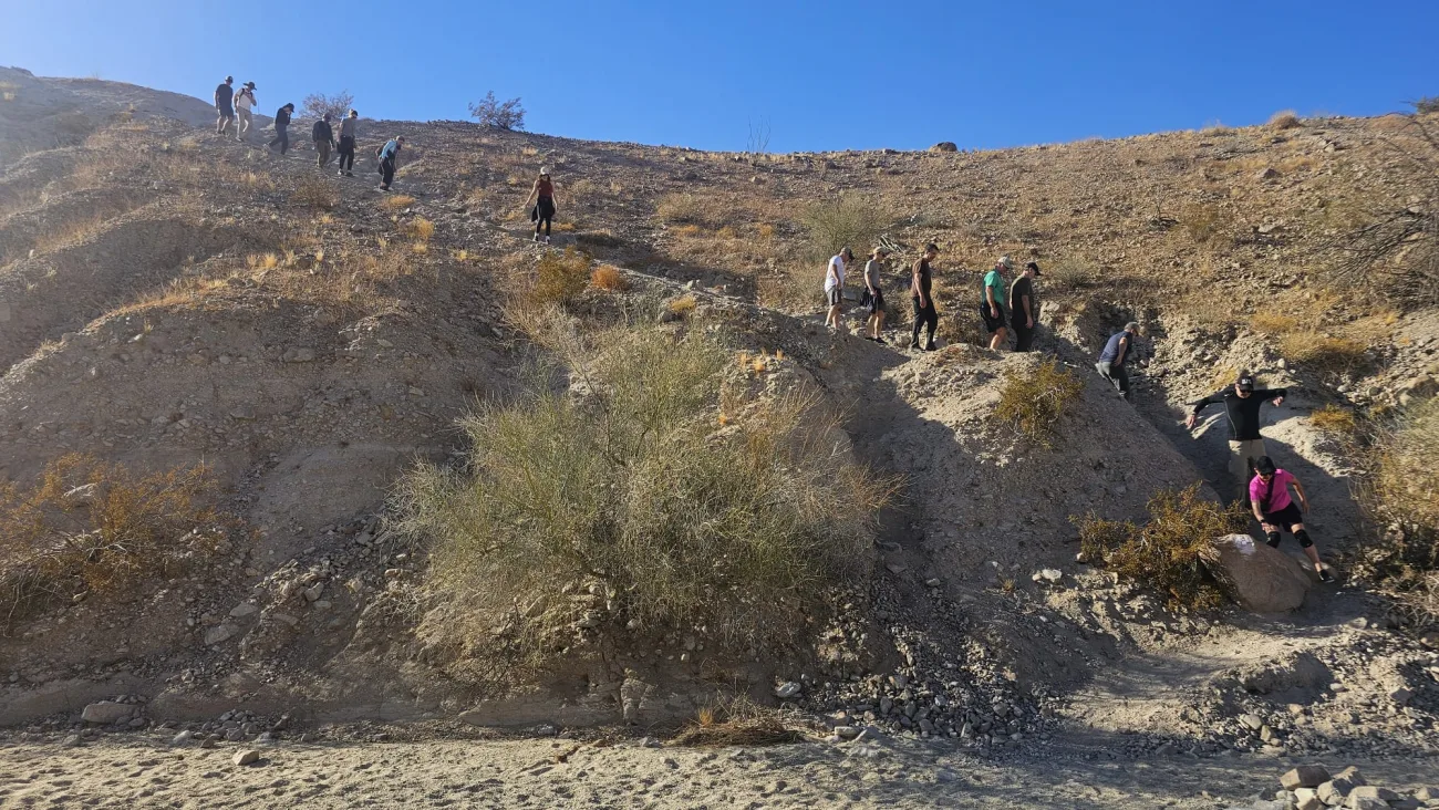 A group descends from the hillside
