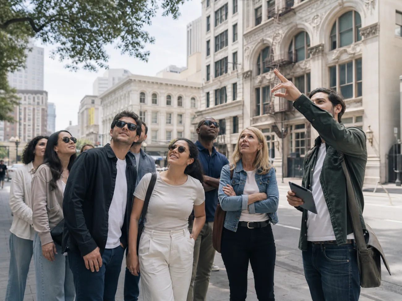 Guests looking at architecture on the downtown LA walking tour
