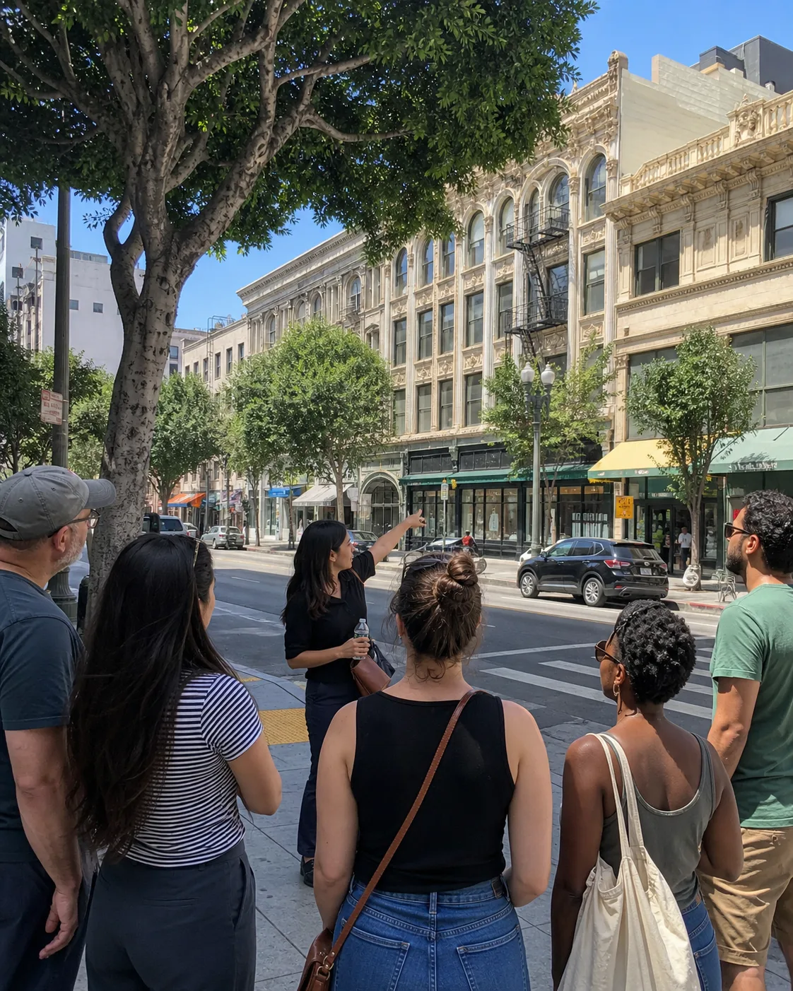 Guests listen to the guide speak on the downtown la walking tour