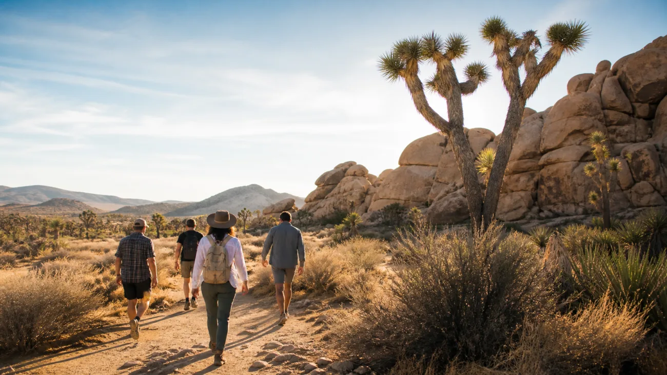 Guests on a hiking trail in Joshua tree national park