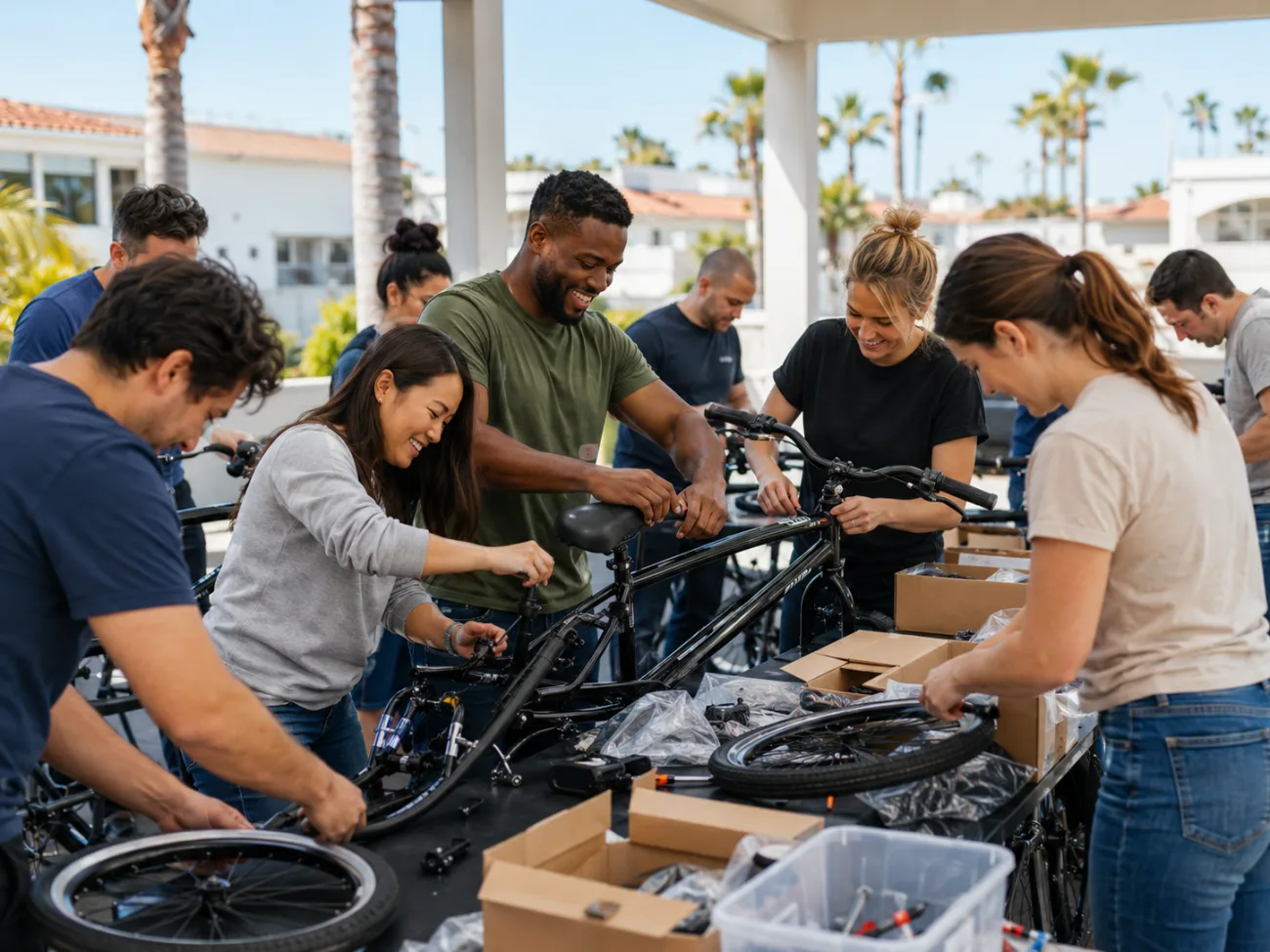 guests unbox and organize bike parts