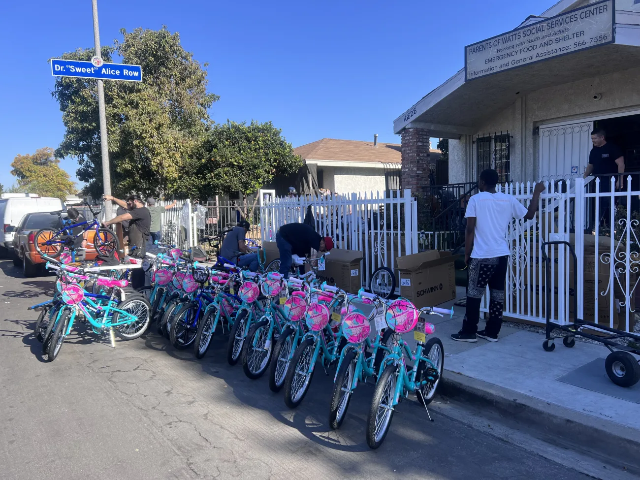 Pink and Blue Bikes lined up after being built for Charity
