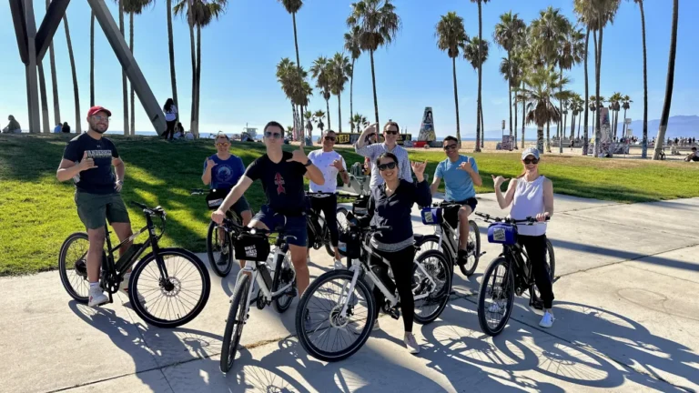 Guests pose on bikes with artwork in Venice Beach