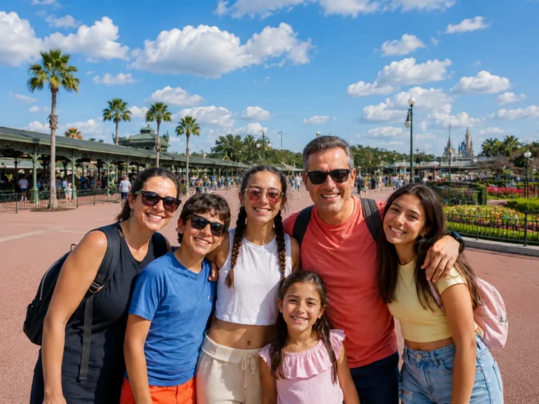 family smiling at disneyland