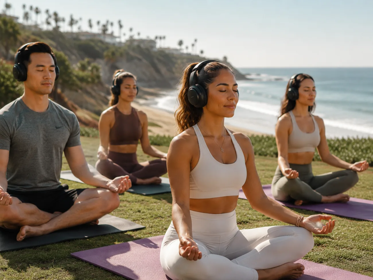 Yoga participants with their headphones on