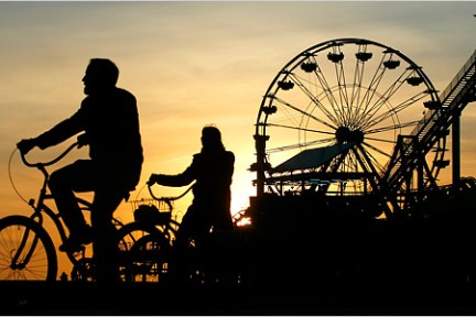 Bikers at Santa Monica Pier at sunset
