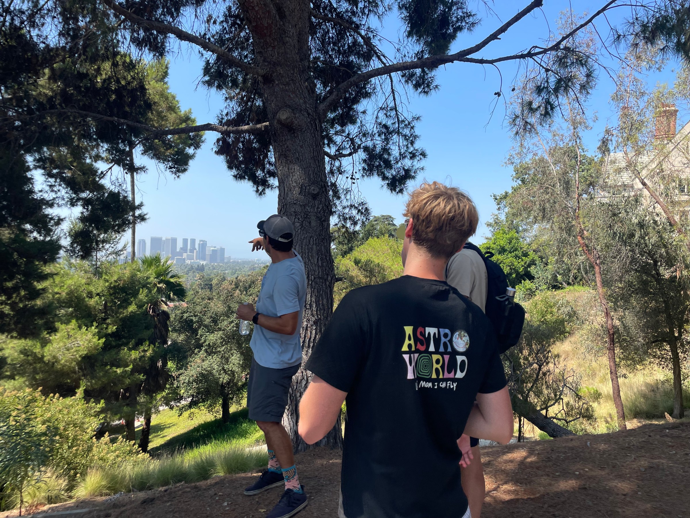 Bikes and Hikes LA Tour guide pointing out a view of Century City, Los Angeles