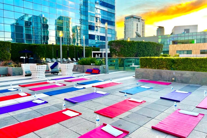 a group of people on a sidewalk