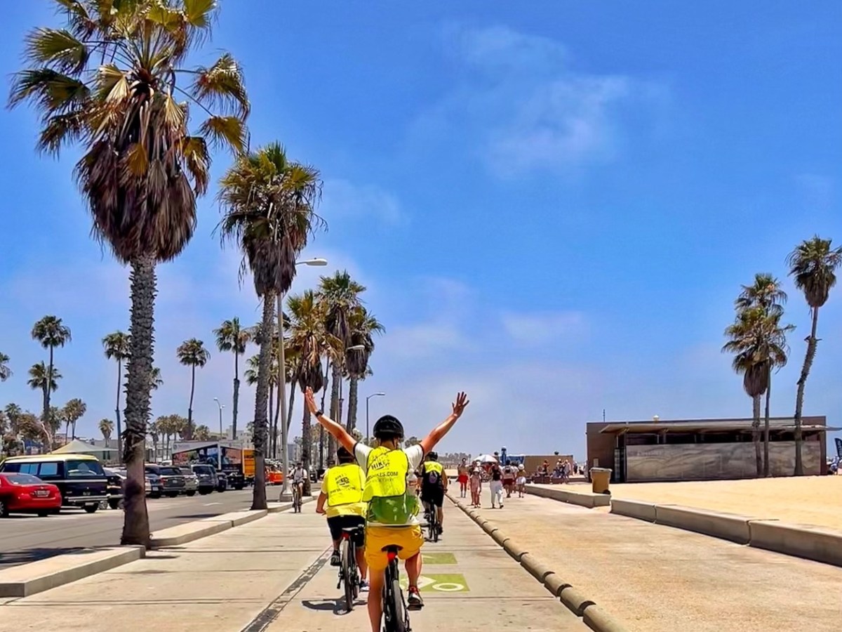 a group of people riding bikes down the beach in santa monica