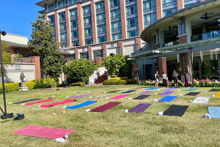 a group of yoga mats outside the four seasons westlake for a group yoga activity