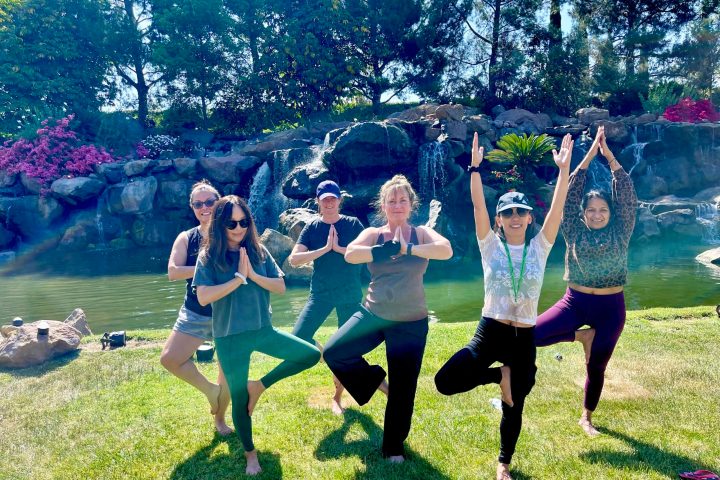 a group of people doing yoga poses on an outdoor team building activity day