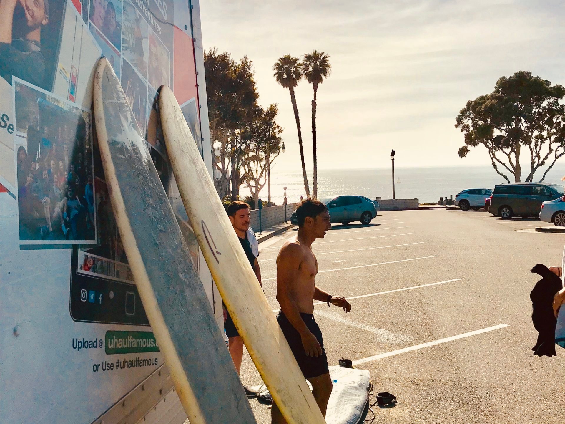 A surfboard leaning against a wall in Los Angeles