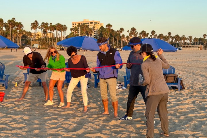 a group of people standing on top of a sandy beach