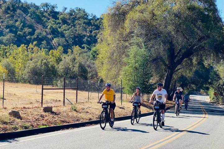 a group of people riding on the back of a bicycle