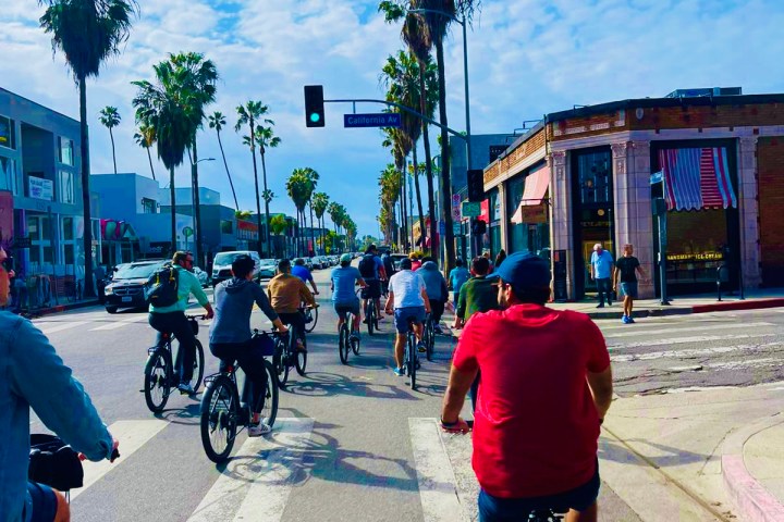a group of people riding bikes in venice, california on an la city tour