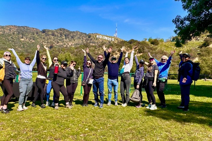 a group of people standing in a grassy field