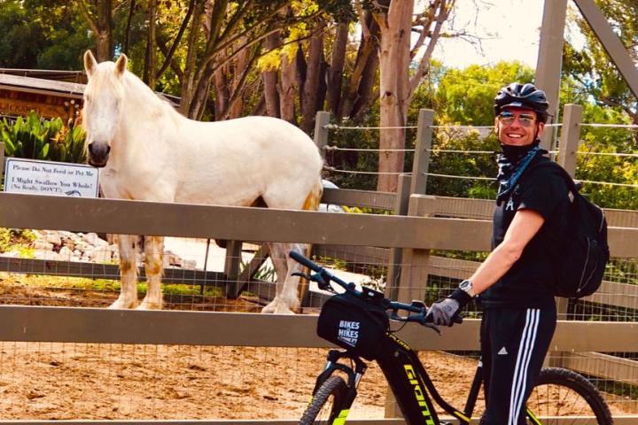 a person riding a horse next to a bicycle