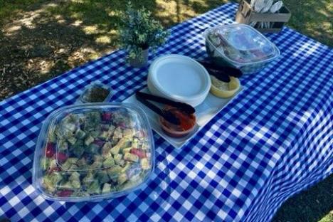 a plate of food on a picnic table