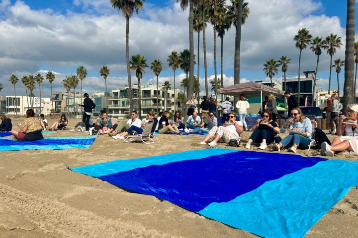 a group of people on a beach