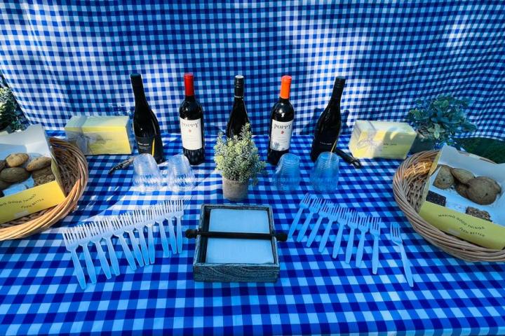 a blue and white cake on a table