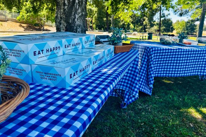 a blue bench in a park