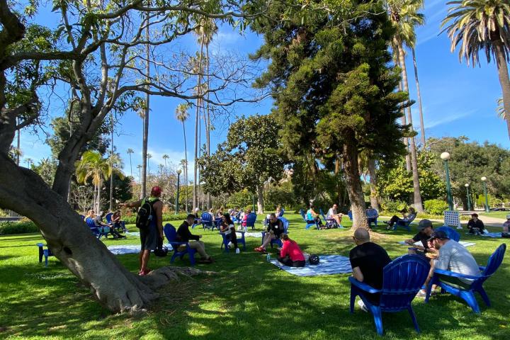 a group of people in a park