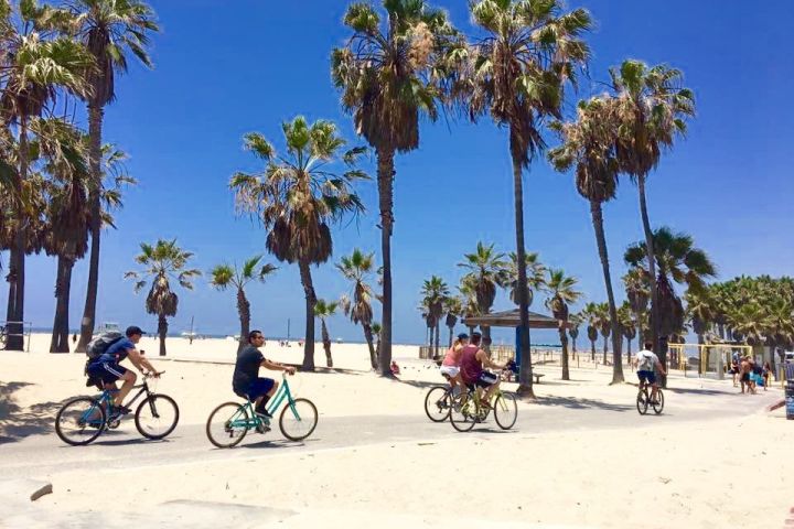 a group of people riding bikes on a beach
